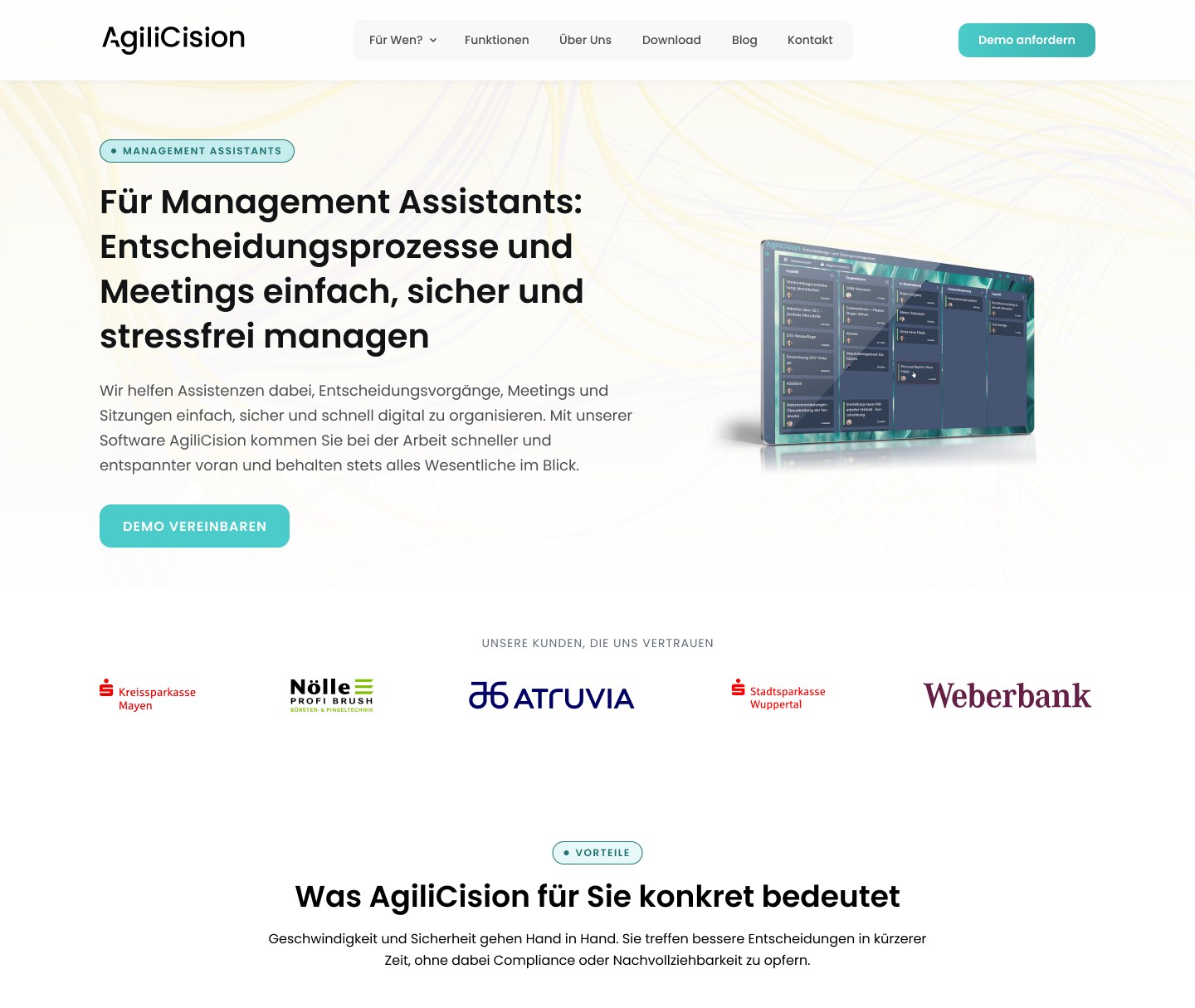 The Management Assistant entry page: a tailored hero on workload reduction and coordination