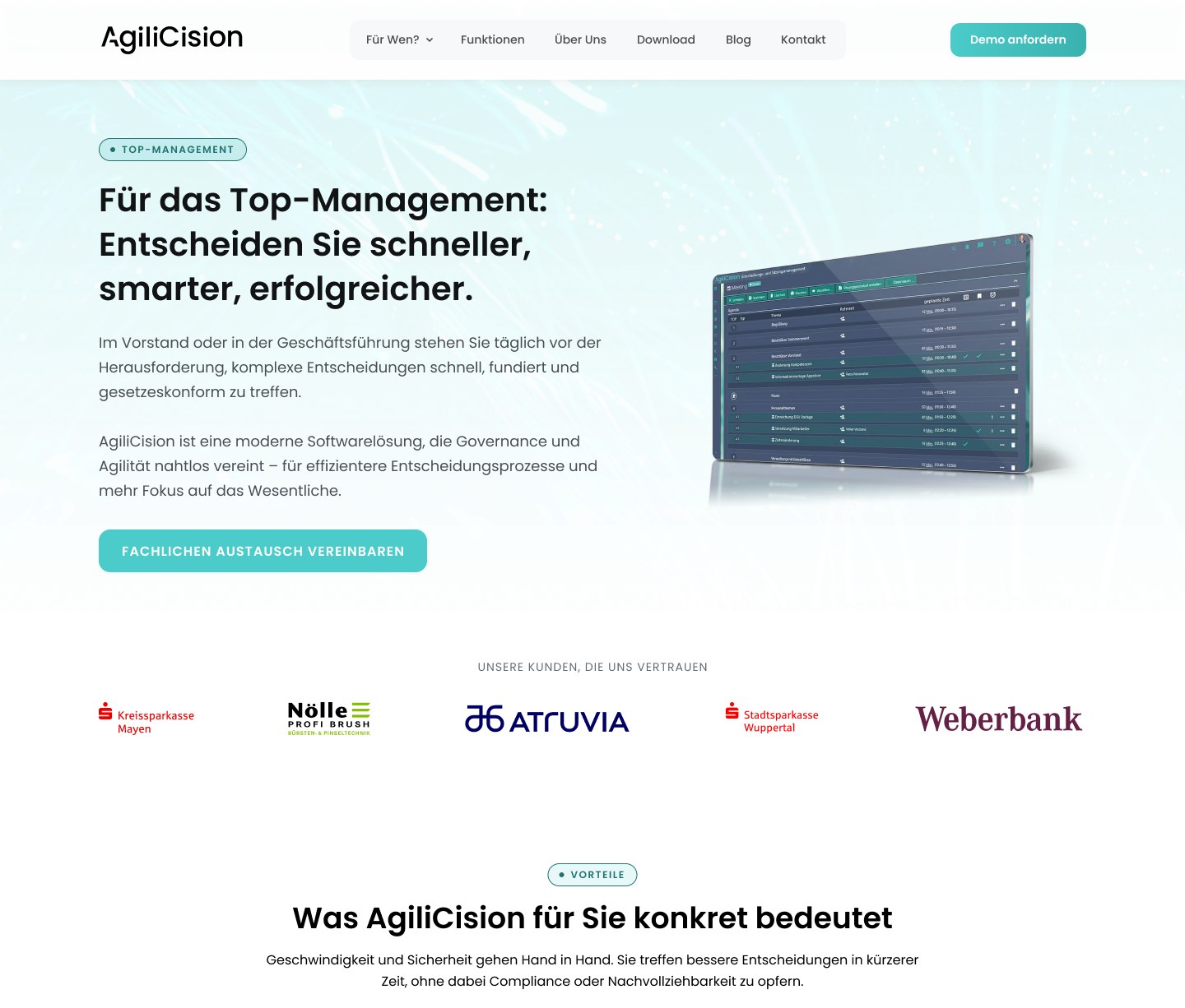 The Top-Management entry page: a tailored hero on decision speed and governance, with regulated-industry trust logos