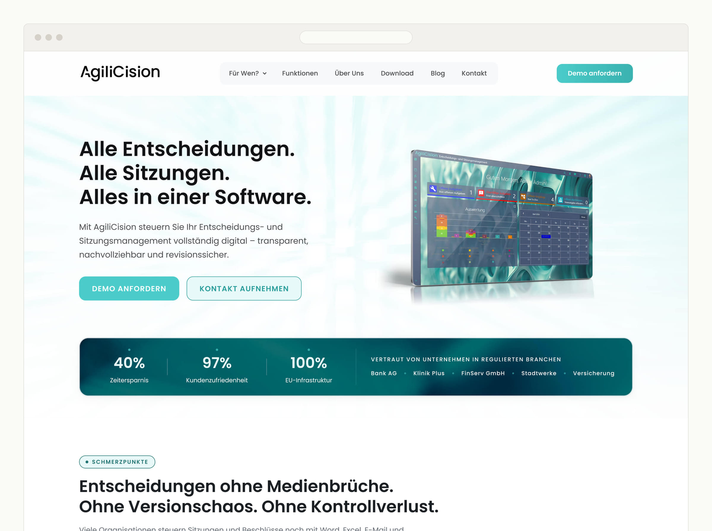 The AgiliCision homepage in a browser: the headline 'Alle Entscheidungen. Alle Sitzungen. Alles in einer Software.', a product dashboard visual, and a regulated-industry trust band