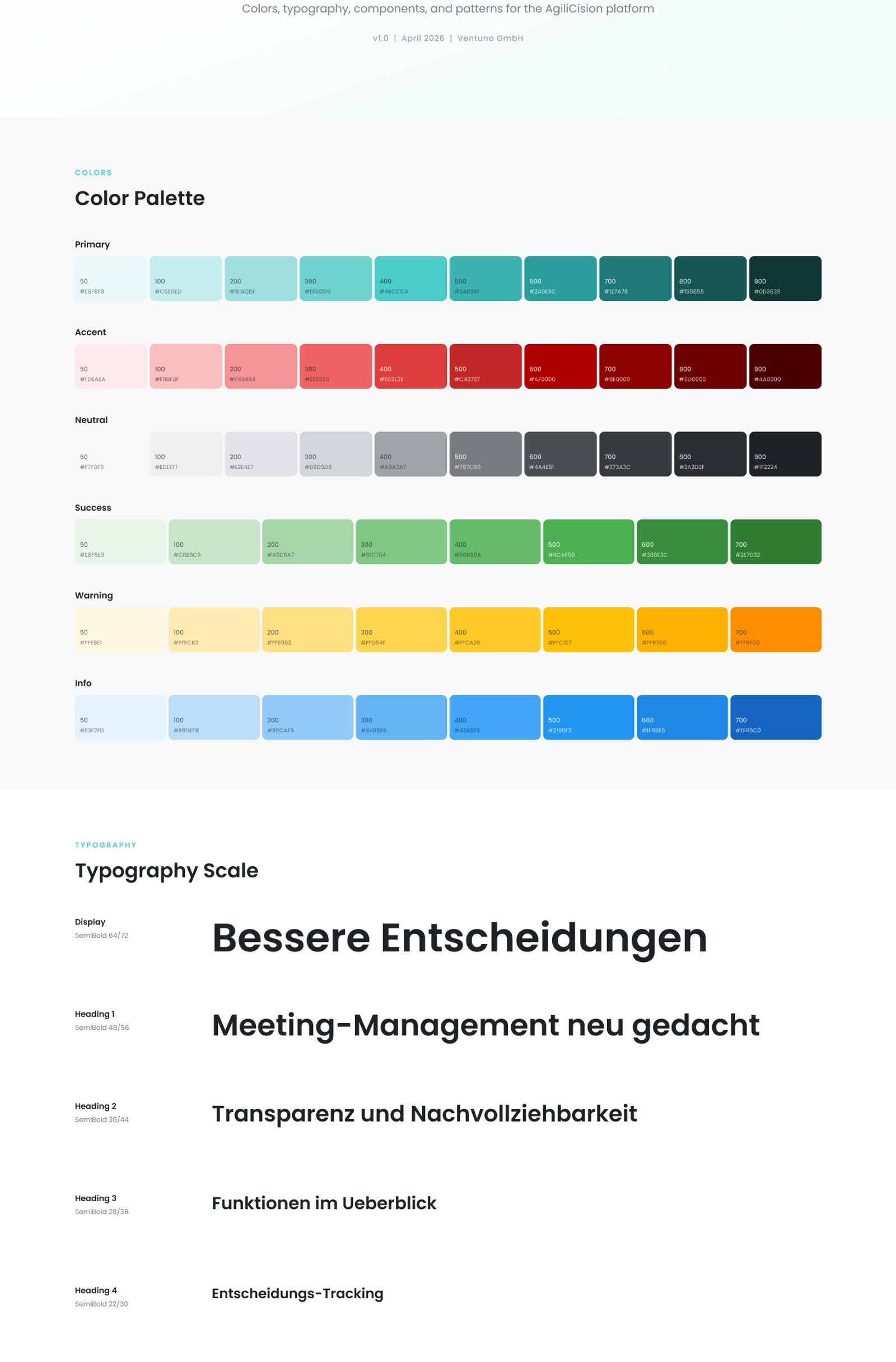 The AgiliCision design system: tiered color token ramps for primary, accent, neutral, success, warning, and info, plus the typographic scale