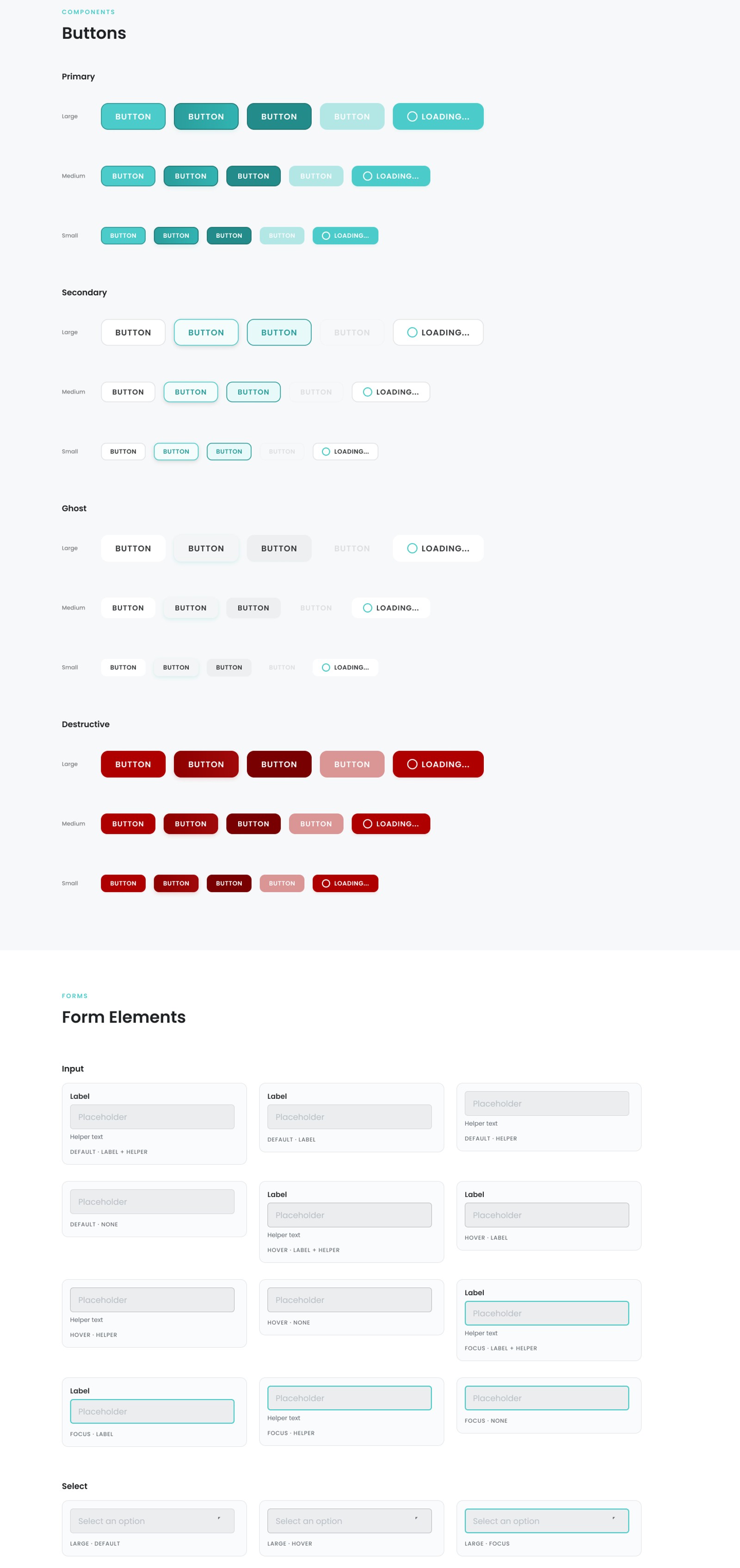 The AgiliCision component library: primary, secondary, ghost, and destructive buttons across sizes and states, plus input and select form elements with their states