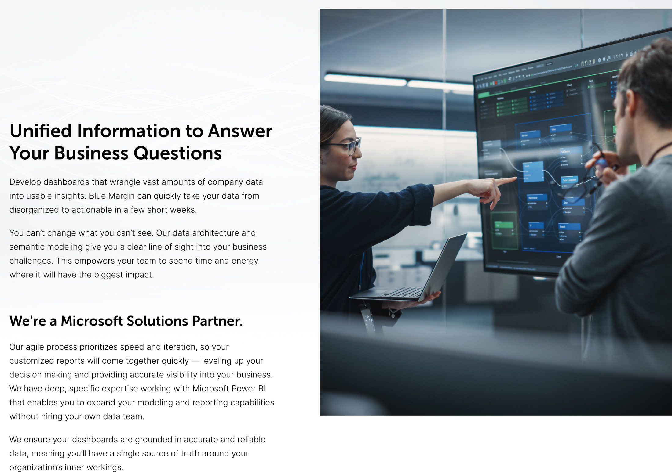 The Blue Margin Data Architecture and Semantic Modeling page: 'Unified Information to Answer Your Business Questions' and a 'We're a Microsoft Solutions Partner' band over a data control-room photograph