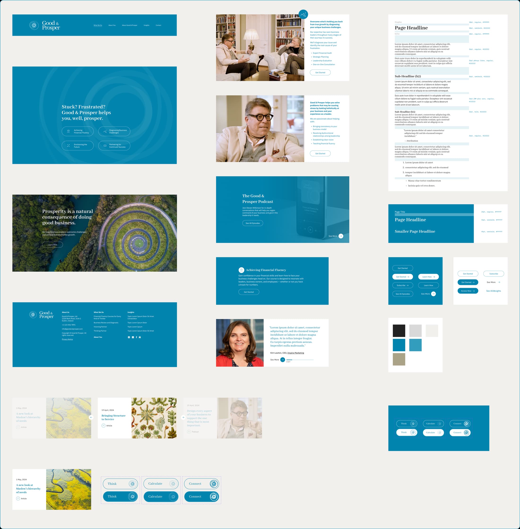 The Good & Prosper layout-component library: navigation, hero variants, content and testimonial blocks, podcast and insight cards, footer, buttons and color, each defined once with its states