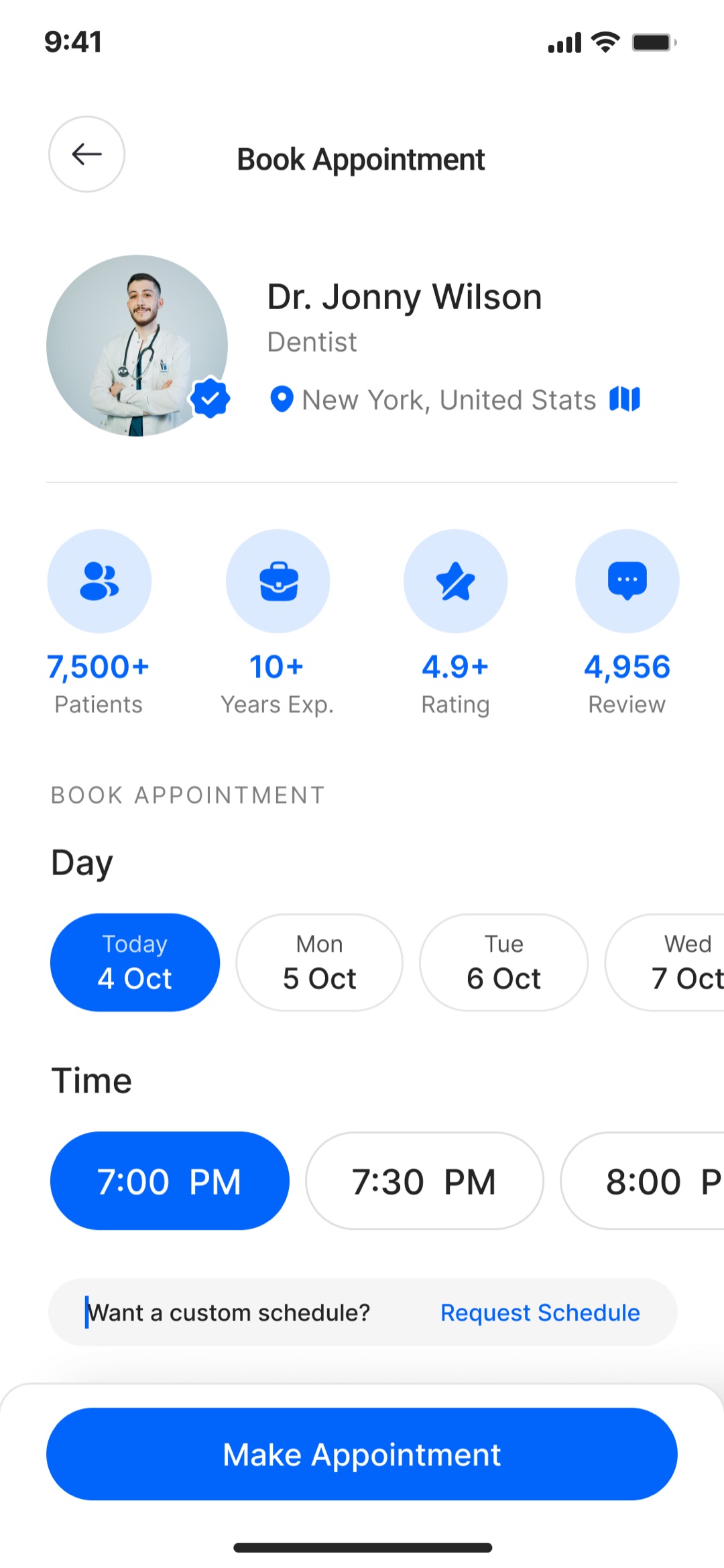 Book Appointment screen: a horizontal day selector and time slots, with a request-a-custom-schedule option