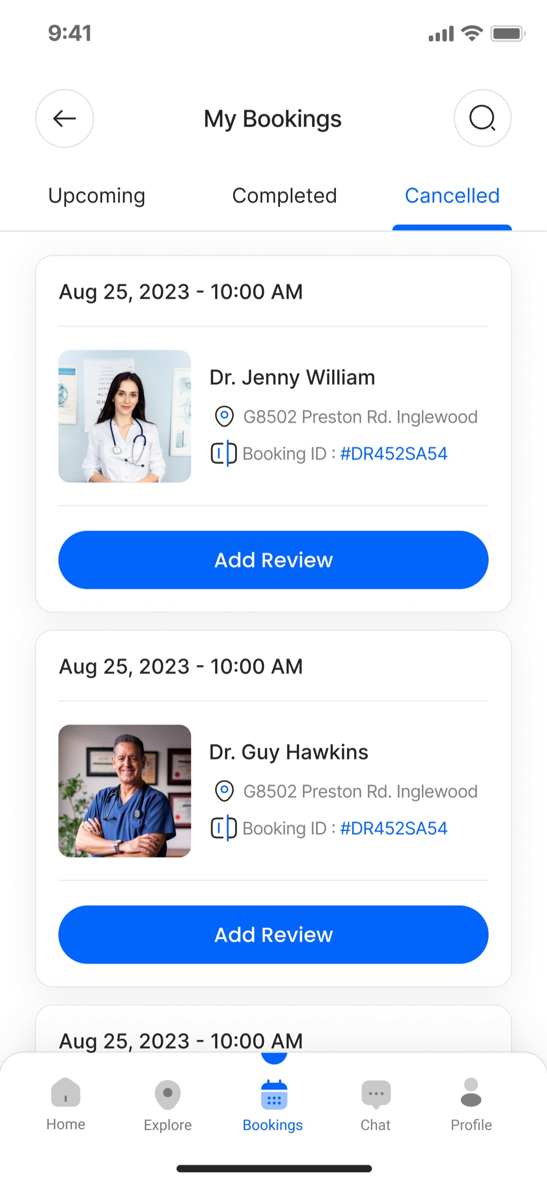 My Bookings, Cancelled tab: cancelled appointment cards kept on the record, each with an Add Review action