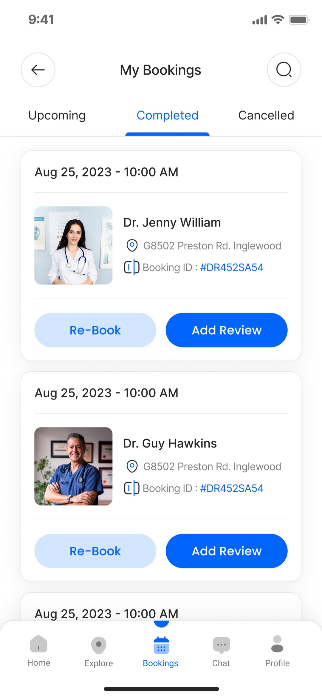 My Bookings, Completed tab: past appointment cards with doctor photo, location, and booking ID, each with Re-Book and Add Review actions