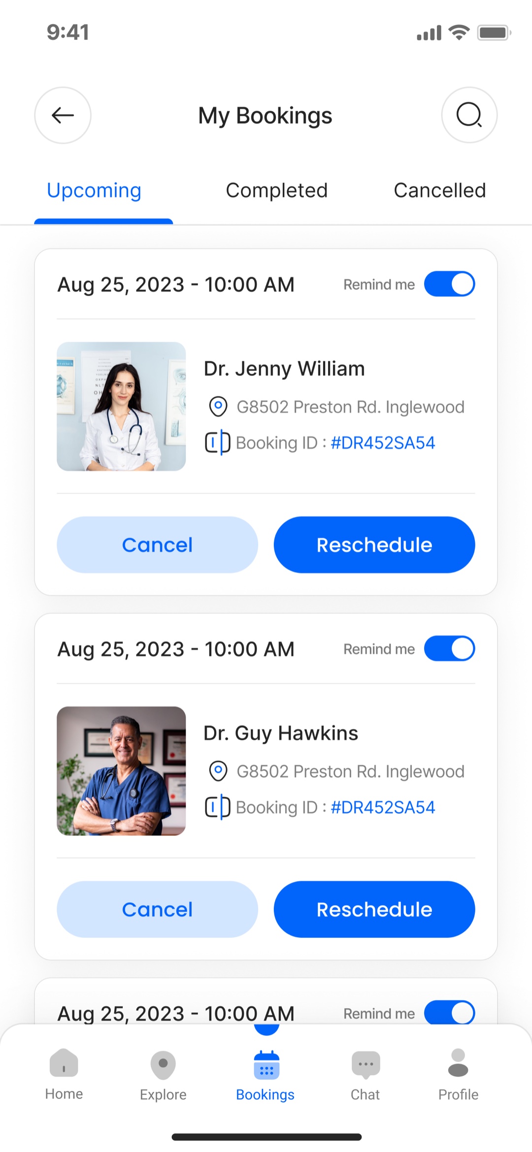 My Bookings, Upcoming tab: appointment cards with date and time, doctor, location, and booking ID, each with Cancel and Reschedule actions and a reminder toggle