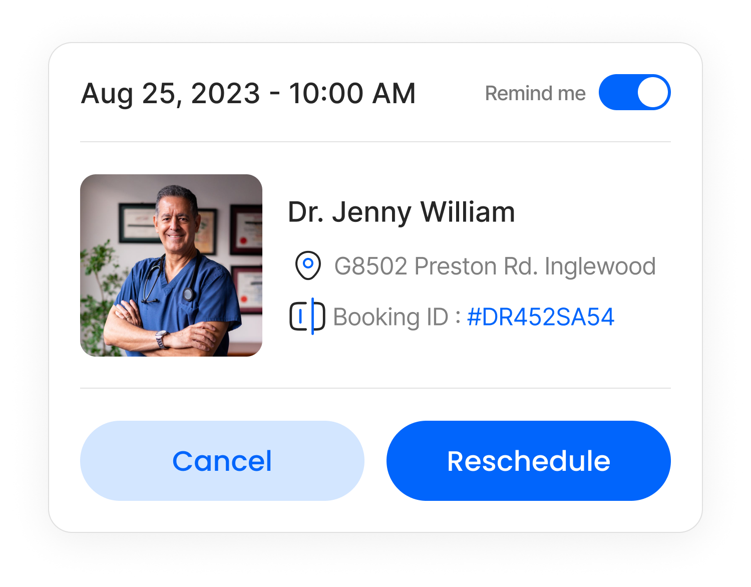 Booking card: date and time, a reminder toggle, doctor, location, booking ID, and Cancel and Reschedule buttons