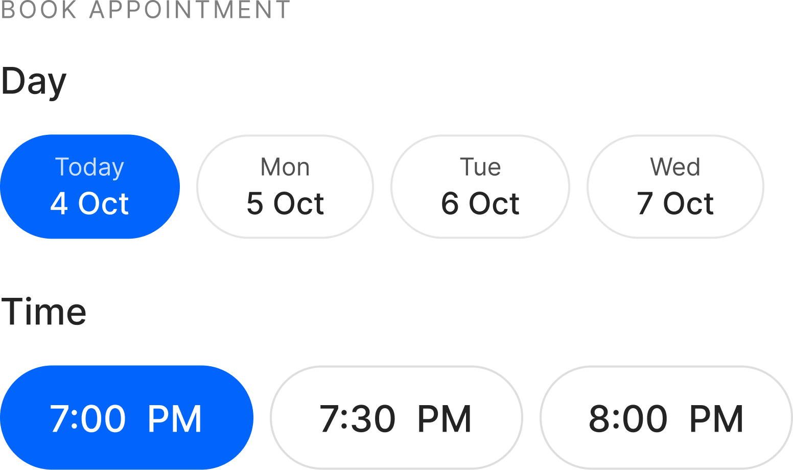 Day and time pickers: a horizontal day selector and time slots, each with a selected state