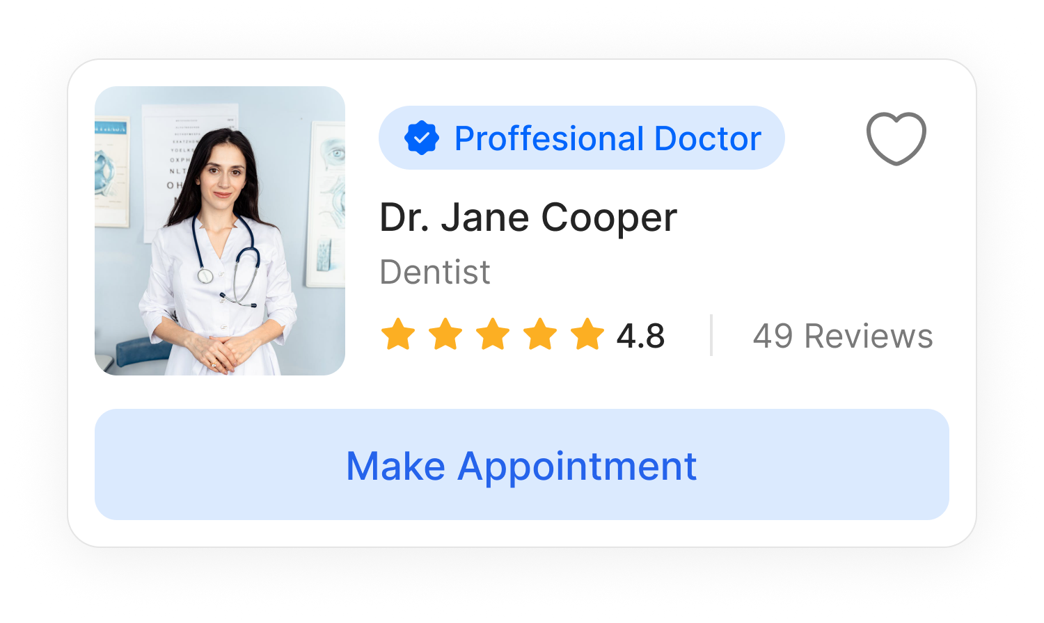 Specialist doctor card: photo, verified badge, name and specialty, rating and review count, and a Make Appointment button
