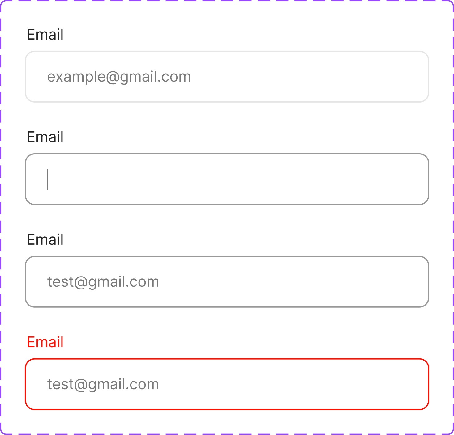 Email input field in four states stacked: default, filled, focused, and a red error state