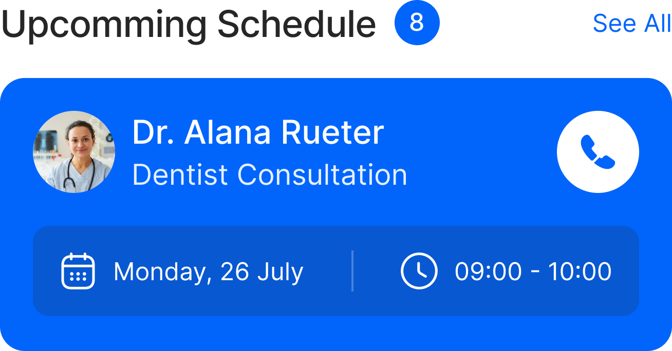 Upcoming Schedule card: doctor avatar, name and consultation type, a call action, and a date and time row