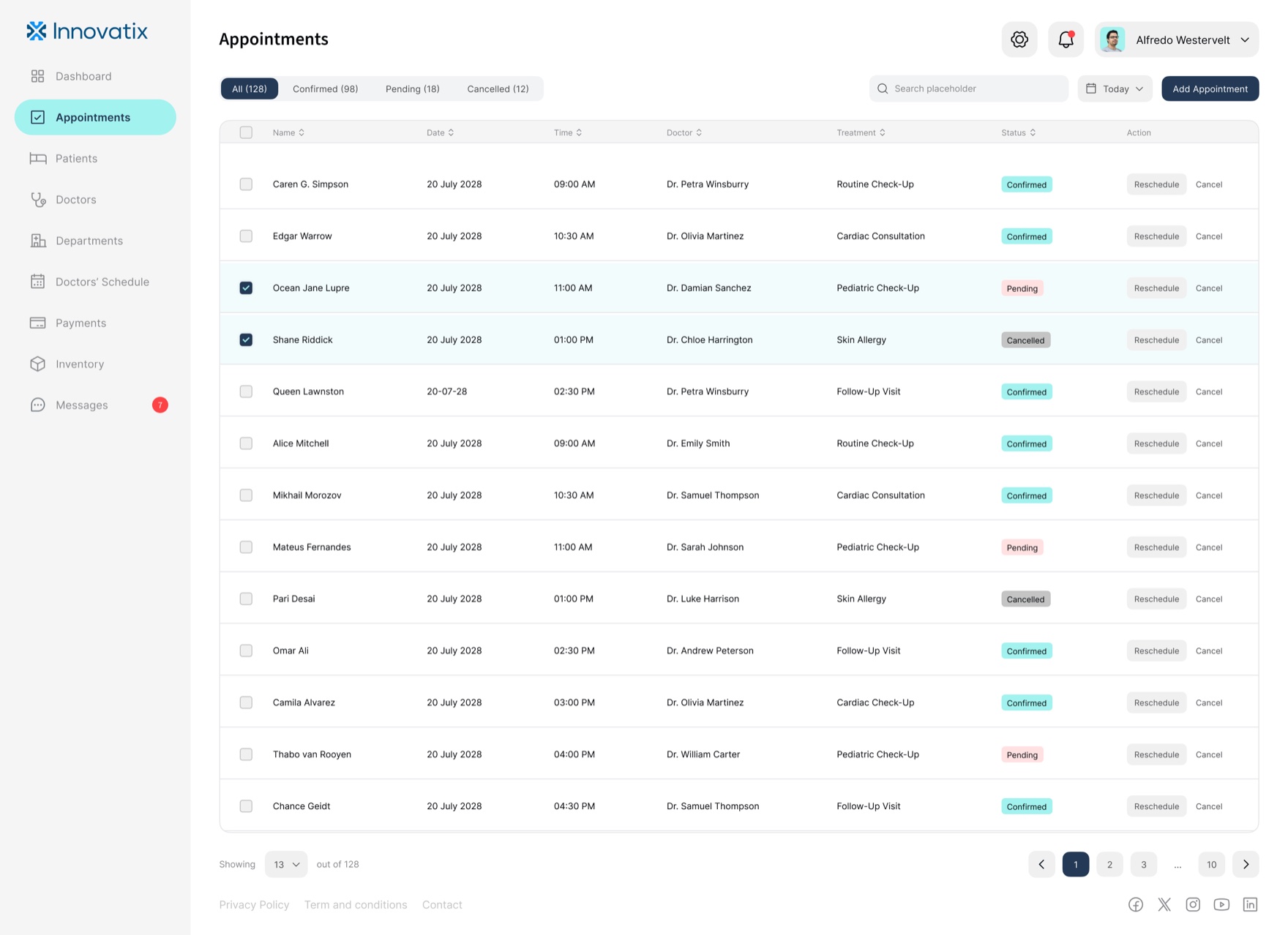 Appointments table filtered by status, with reschedule and cancel actions per row