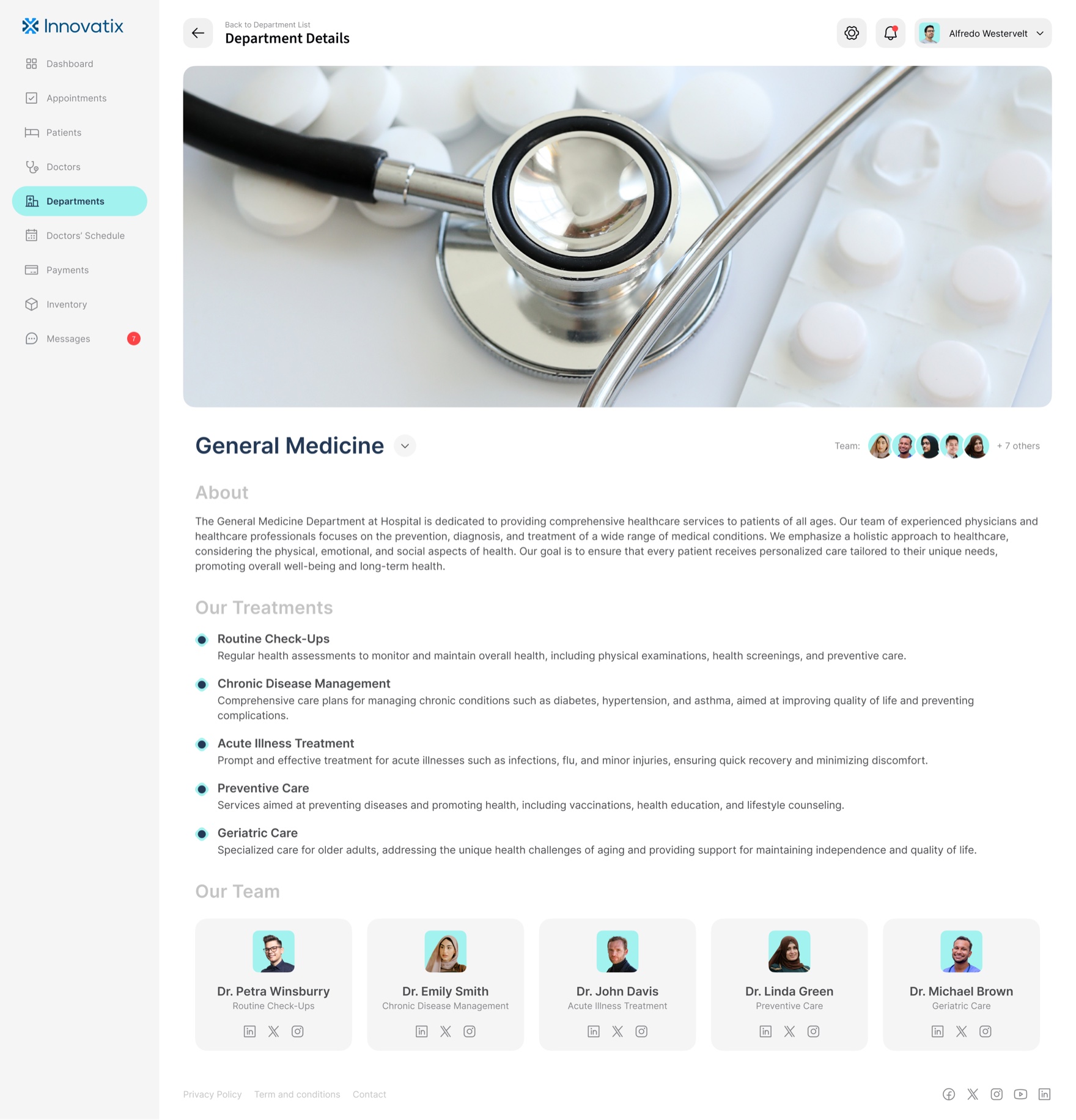 A Department Details page: a wide hero image, the department name, an About section, a list of treatments, and a team grid of doctors with social links