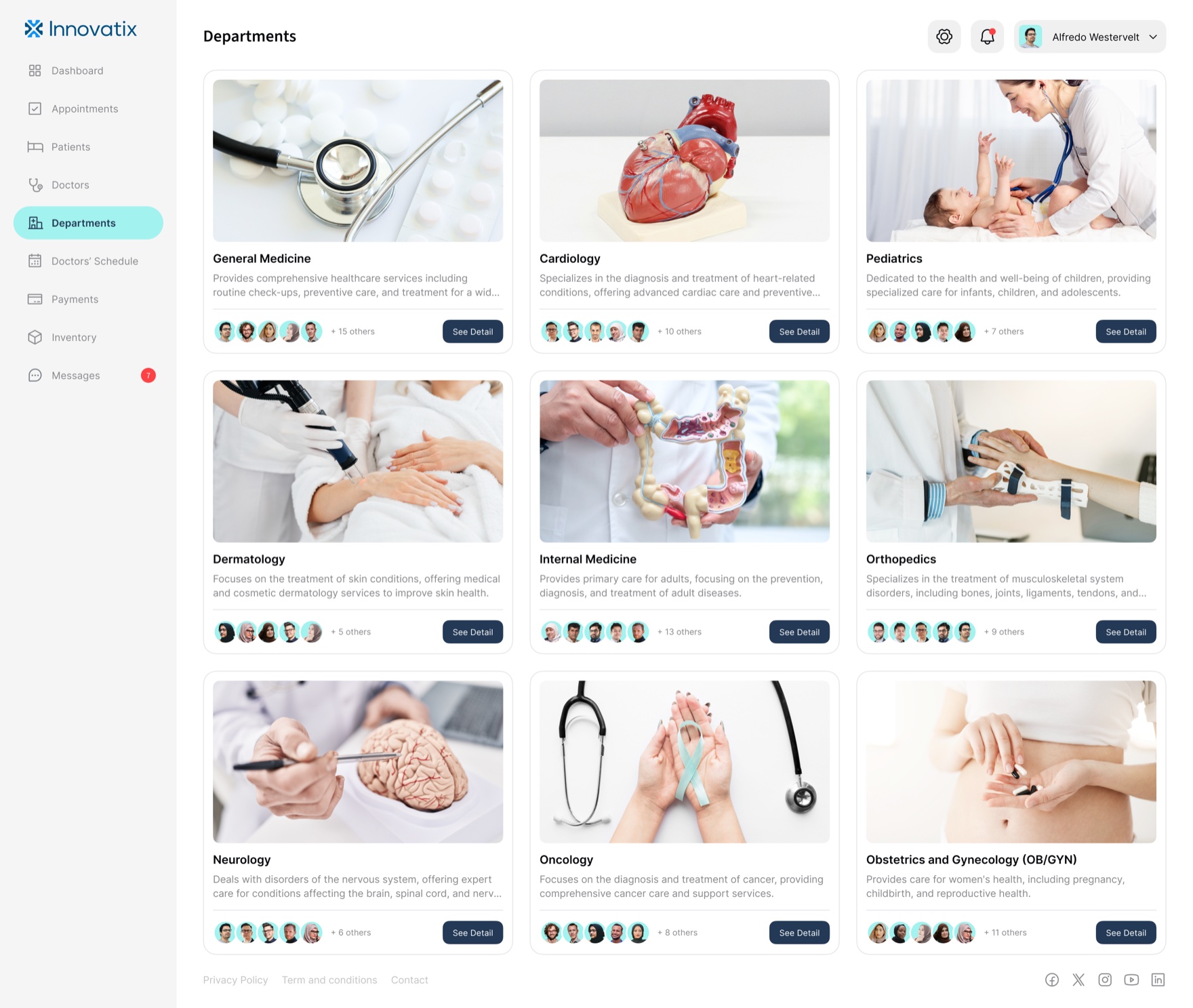 The Innovatix clinic dashboard Departments view: a grid of department cards (General Medicine, Cardiology, Pediatrics, Dermatology and more) with photography, descriptions, and stacked staff avatars