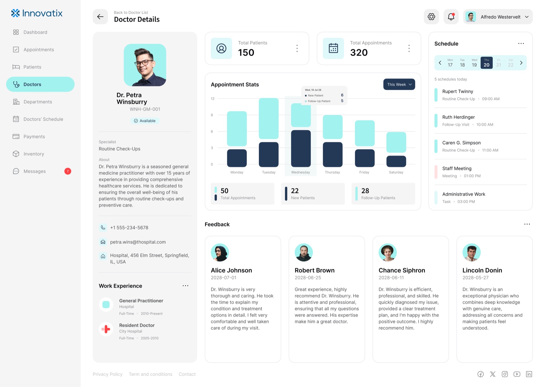 Doctor profile with appointment stats chart, today's schedule, and patient feedback