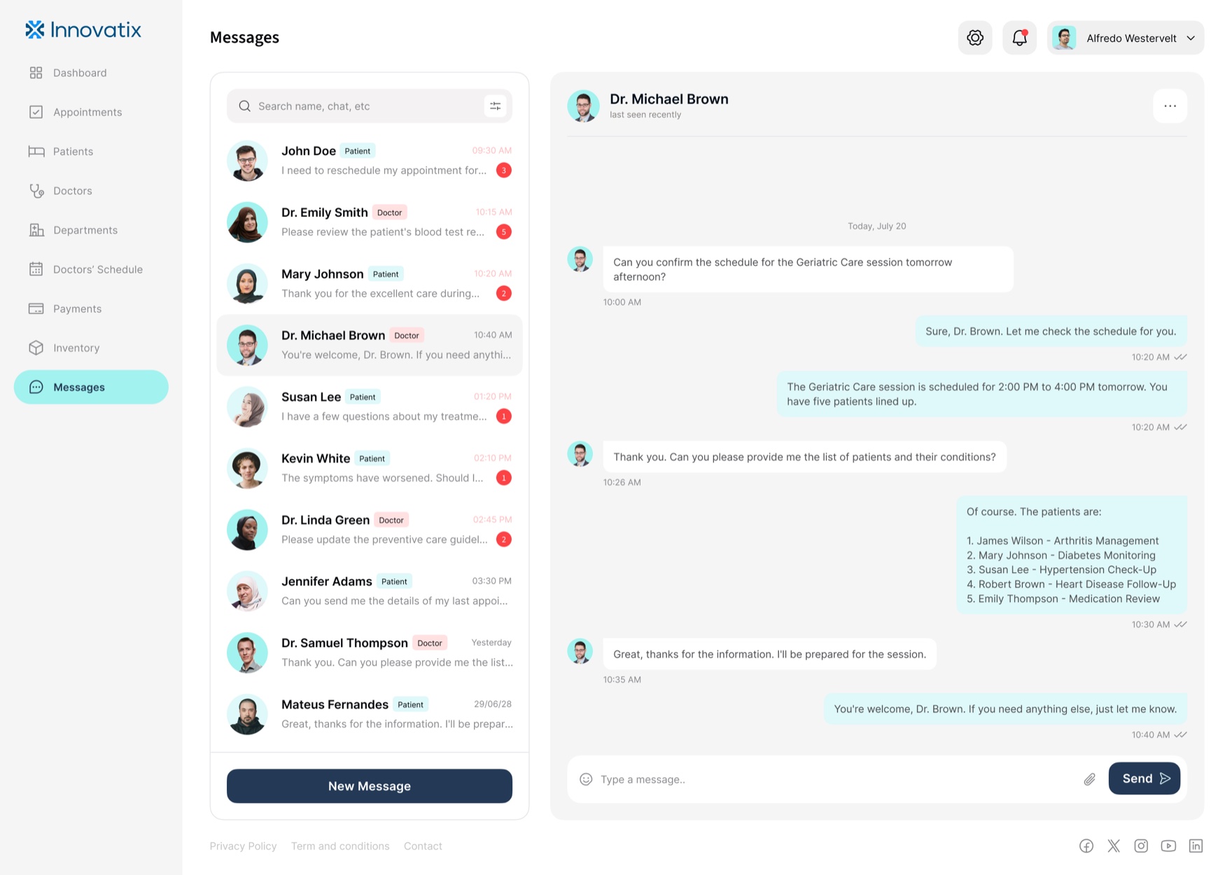 A two-pane messaging view between clinic staff, doctors, and patients with unread counts