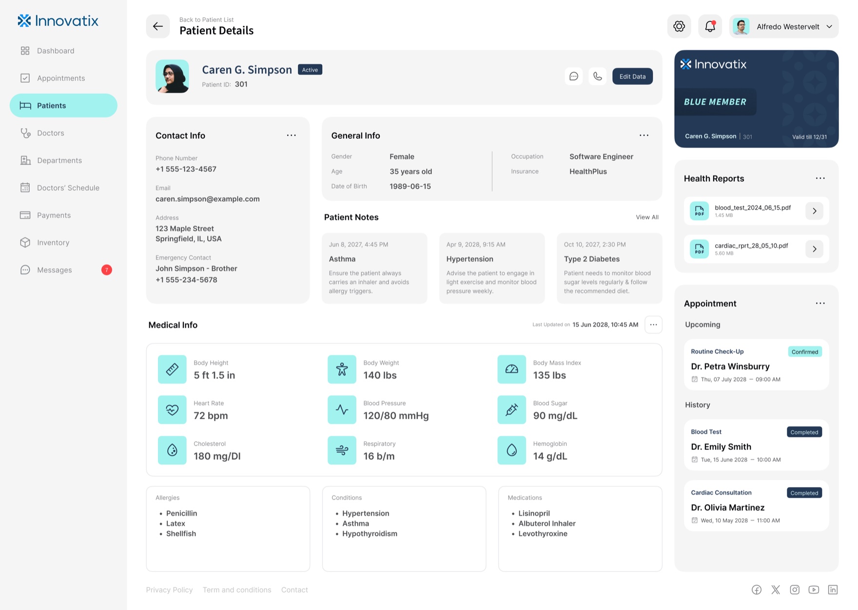 The Patient Details record: contact and general info, a patient-notes timeline, a medical vitals grid (height, weight, BMI, heart rate, blood pressure, blood sugar, cholesterol), allergies, conditions, medications, a membership card, health reports, and appointment history