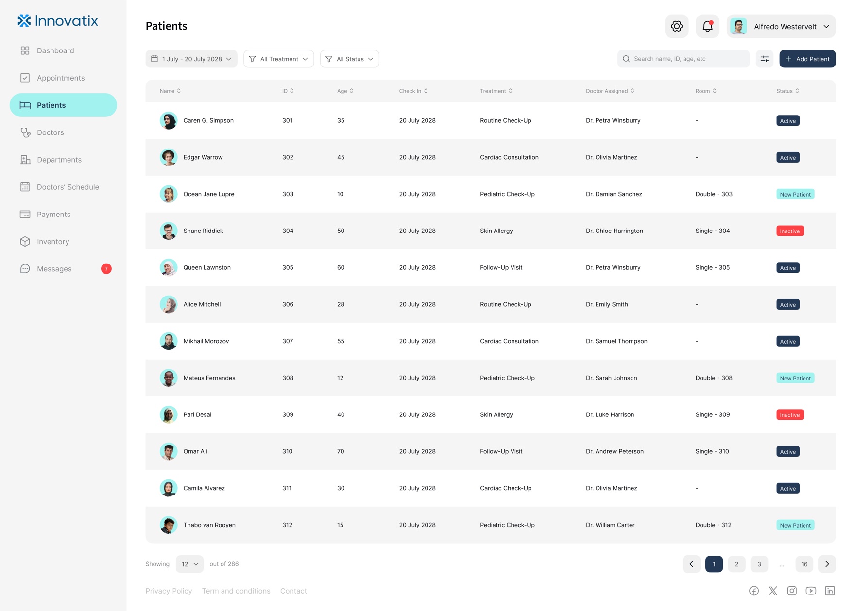 Patients table with avatar, ID, age, check-in date, treatment, assigned doctor, room, and status