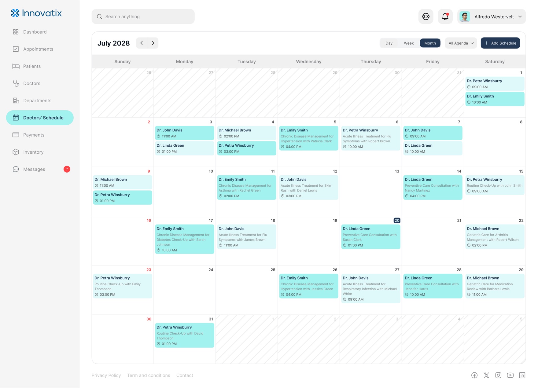 A month calendar of doctor appointments, color-coded per provider, with day, week, and month views