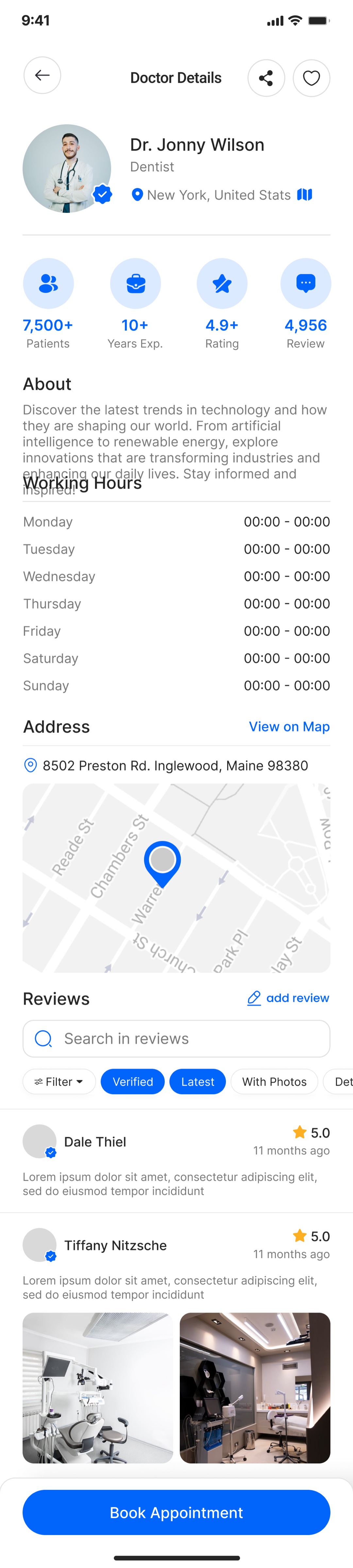 Doctor profile screen: photo, specialty, patient and experience stats, working hours, address map, and verified reviews