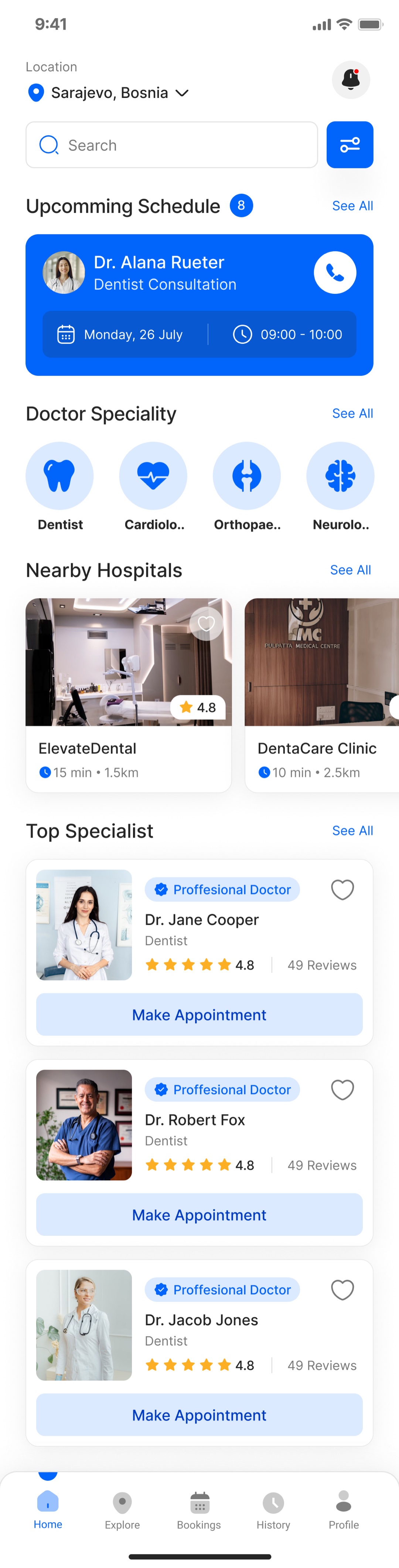 The Innovatix patient app home screen: location, search, an upcoming appointment card, specialties, nearby hospitals, and top specialists