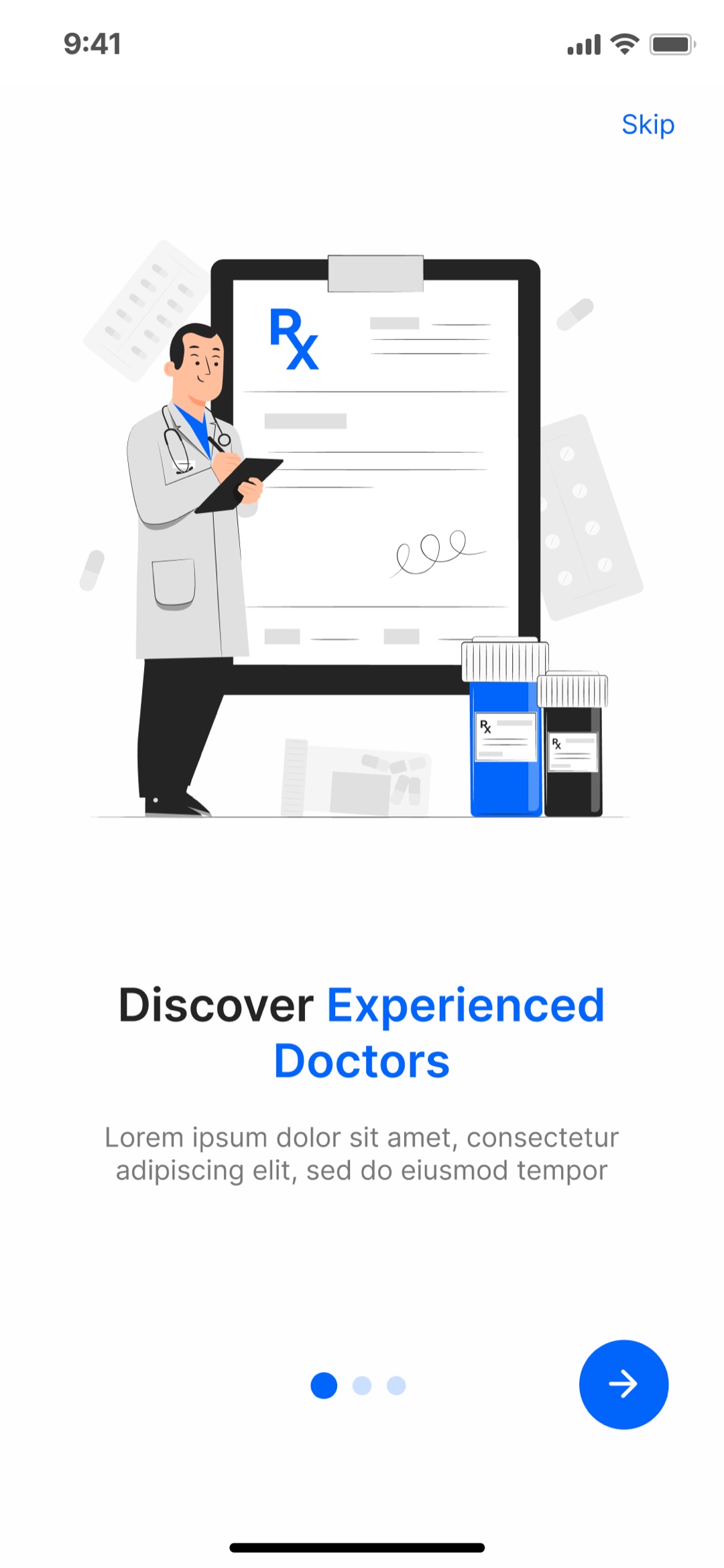 Innovatix patient app onboarding: an illustration of a doctor, the headline Discover Experienced Doctors, pagination dots, and a next arrow