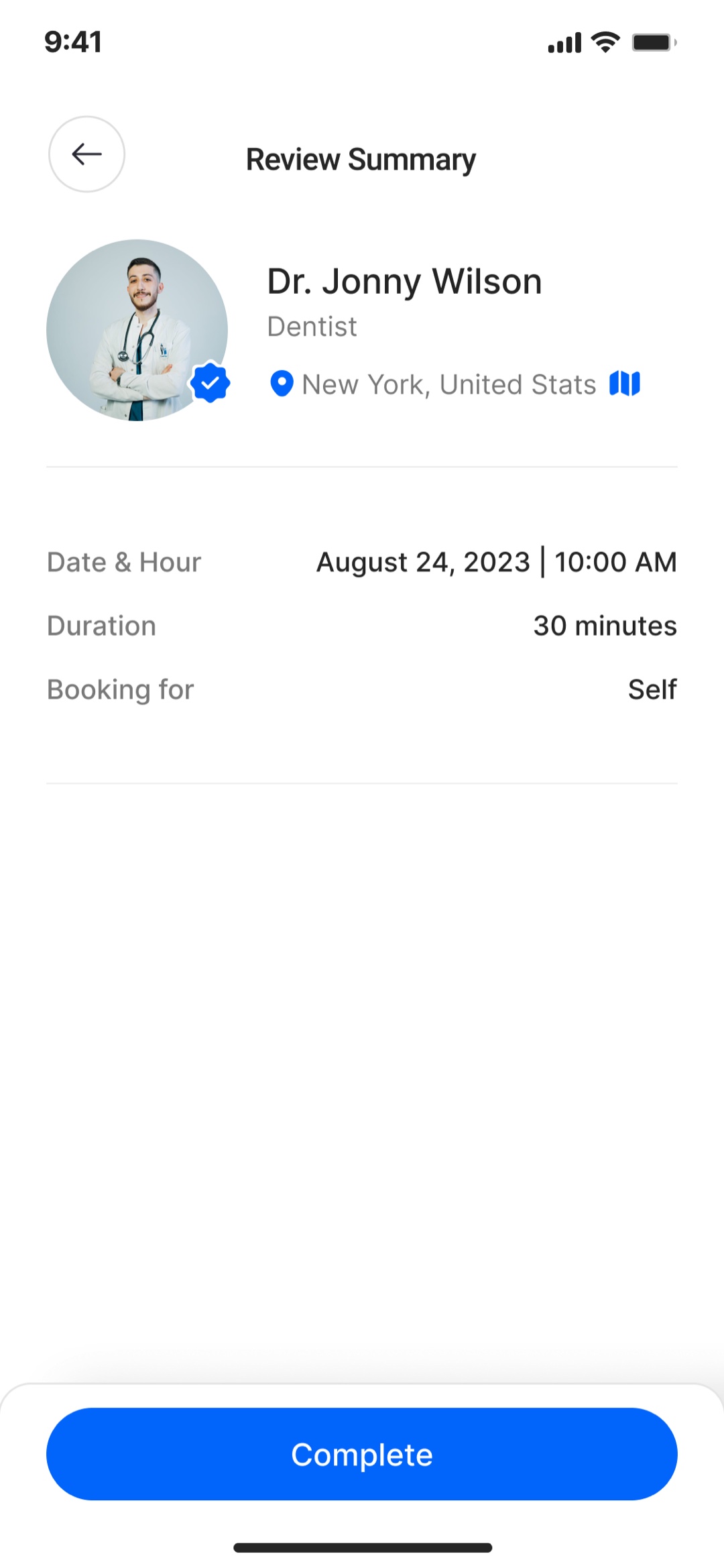 Review Summary screen: doctor, date and hour, duration, and who the booking is for, with one Complete action