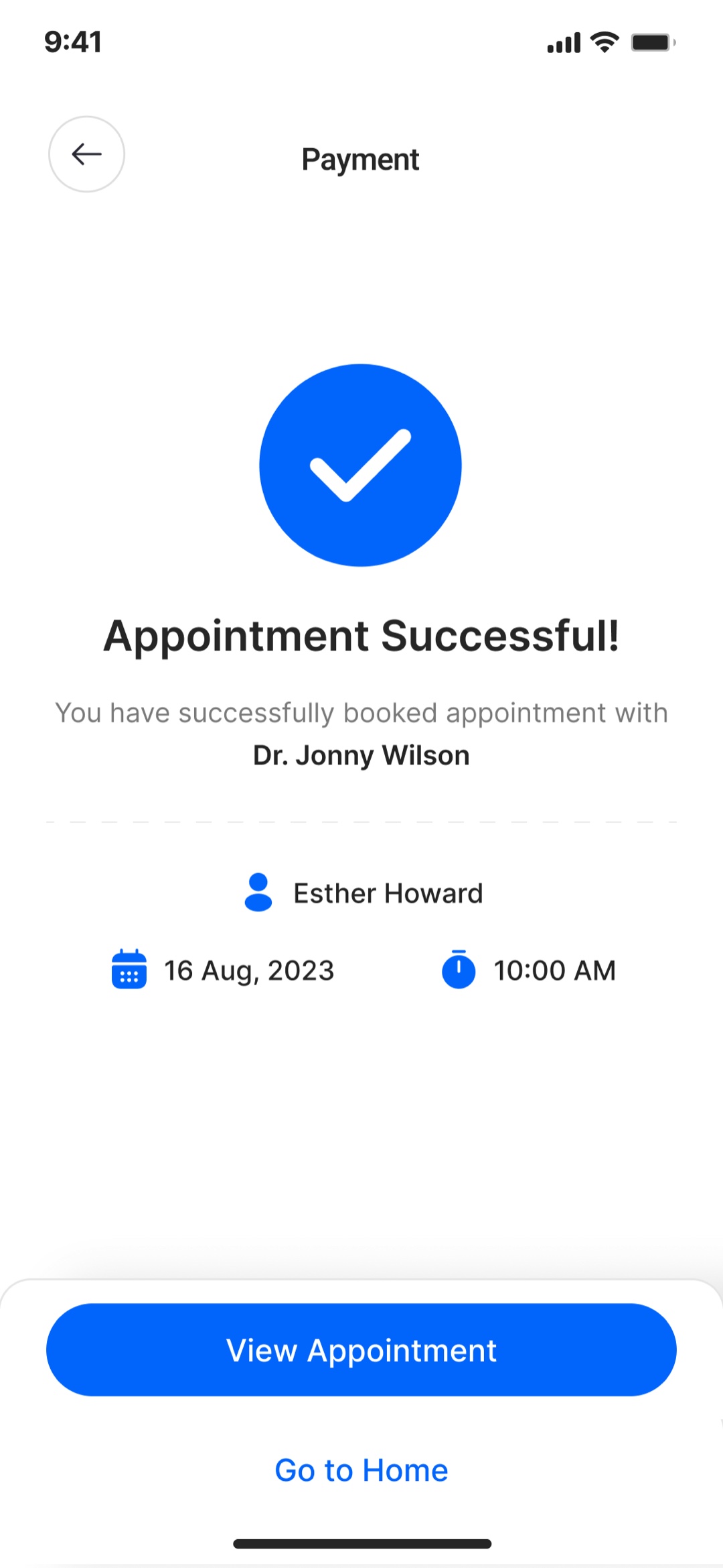 Appointment confirmed screen: a checkmark, the booked doctor, date and time, and a View Appointment action