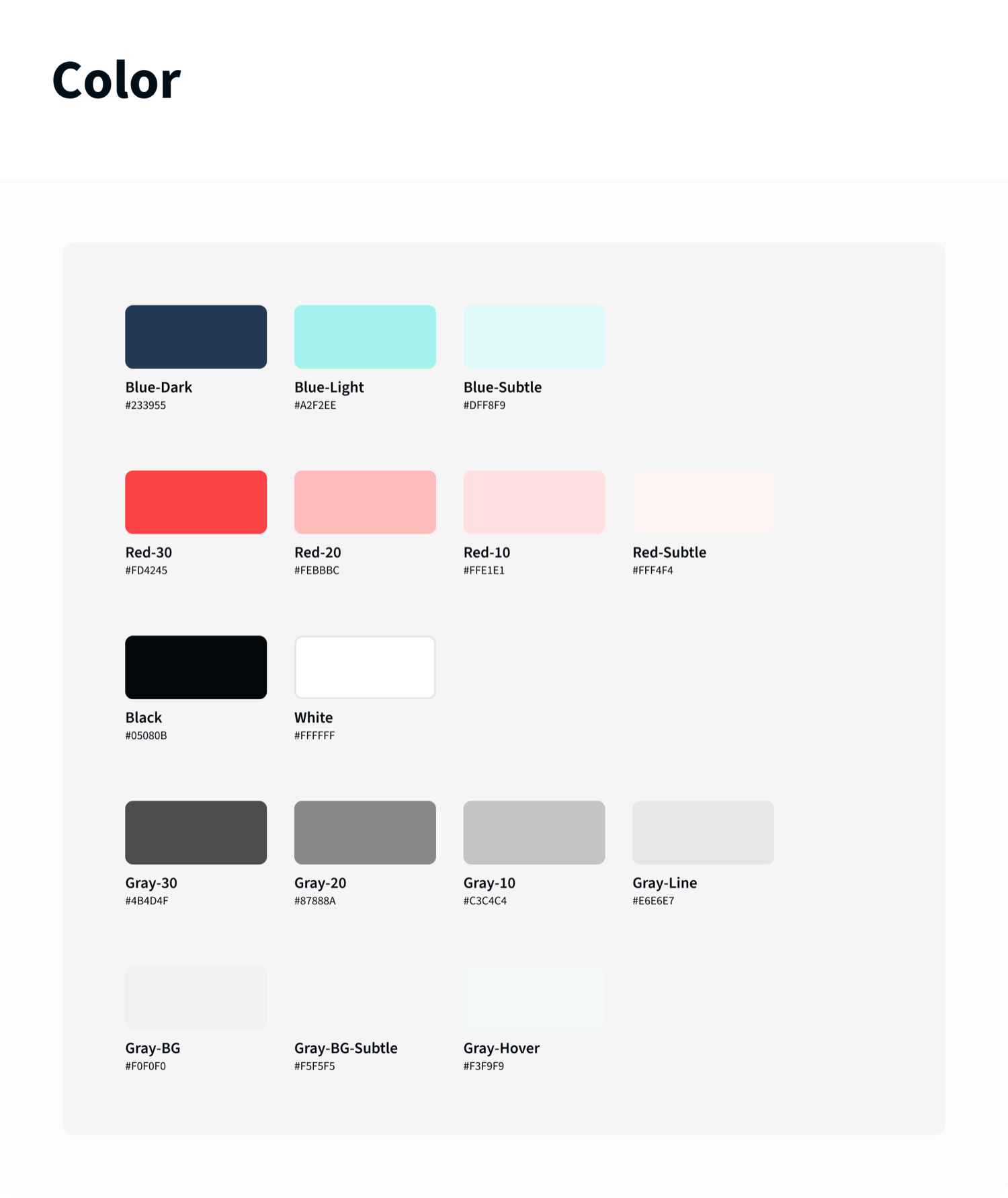 The Innovatix color system: Blue-Dark, Blue-Light, and Blue-Subtle; a Red scale at 30, 20, 10, and Subtle; black, white, and a gray ramp from Gray-30 to Gray-Hover, each with hex values