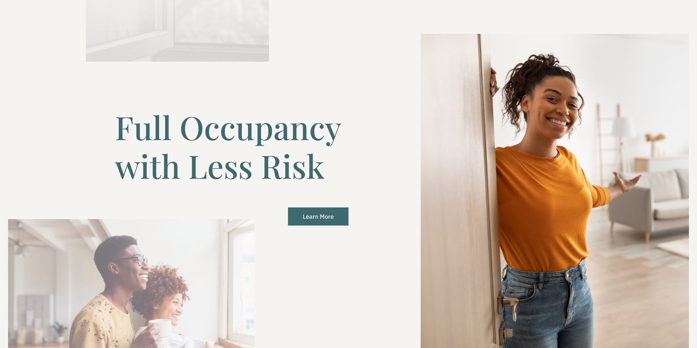 The Liberty Rent homepage hero: the headline 'Full Occupancy with Less Risk' in a serif over warm cream, beside a smiling renter in a sunlit doorway