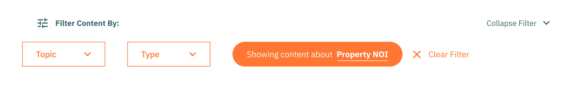 The Liberty Rent Insights filter: a Filter Content By bar with Topic and Type controls and an active filter showing content about Property NOI