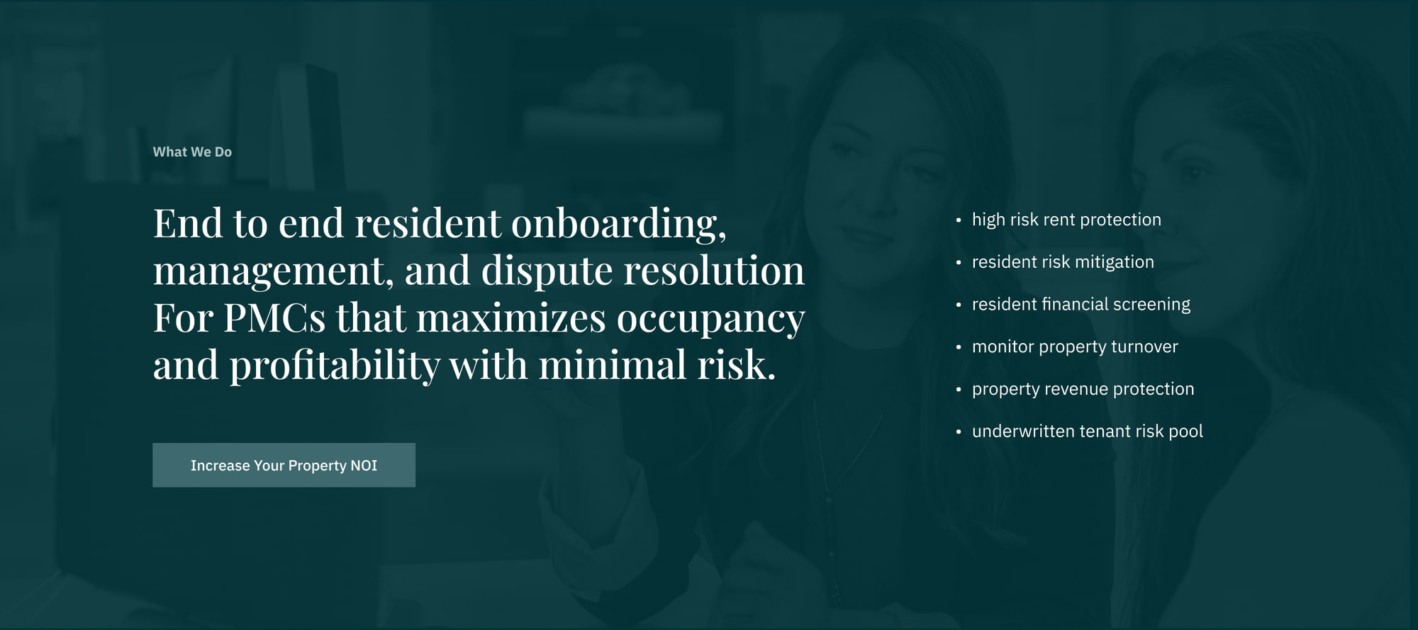 The Liberty Rent value section: 'End to end resident onboarding, management, and dispute resolution for PMCs that maximizes occupancy and profitability with minimal risk', a list of guarantees, and an Increase Your Property NOI call to action