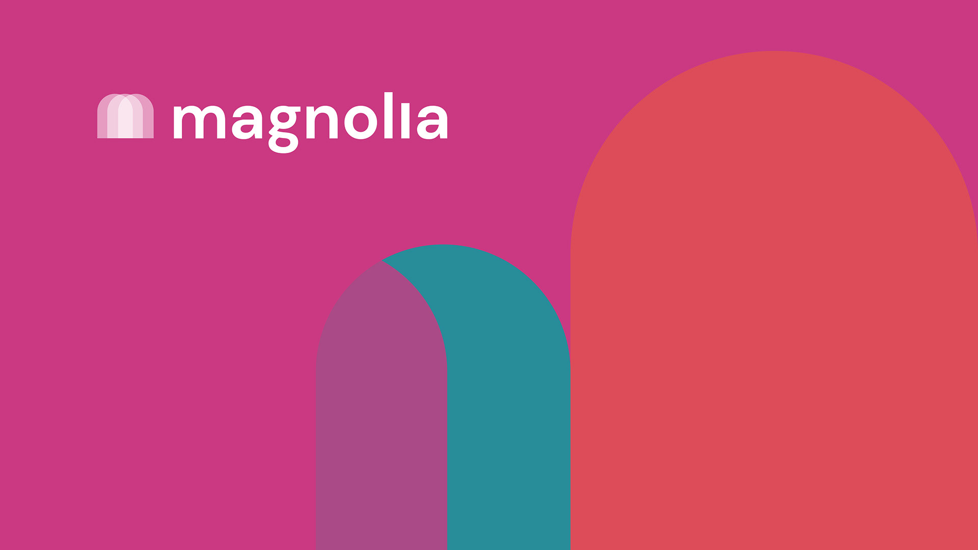 The Magnolia wordmark and portal-dome mark on a saturated magenta field, with the overlapping arch shapes that form the brand's signature motif