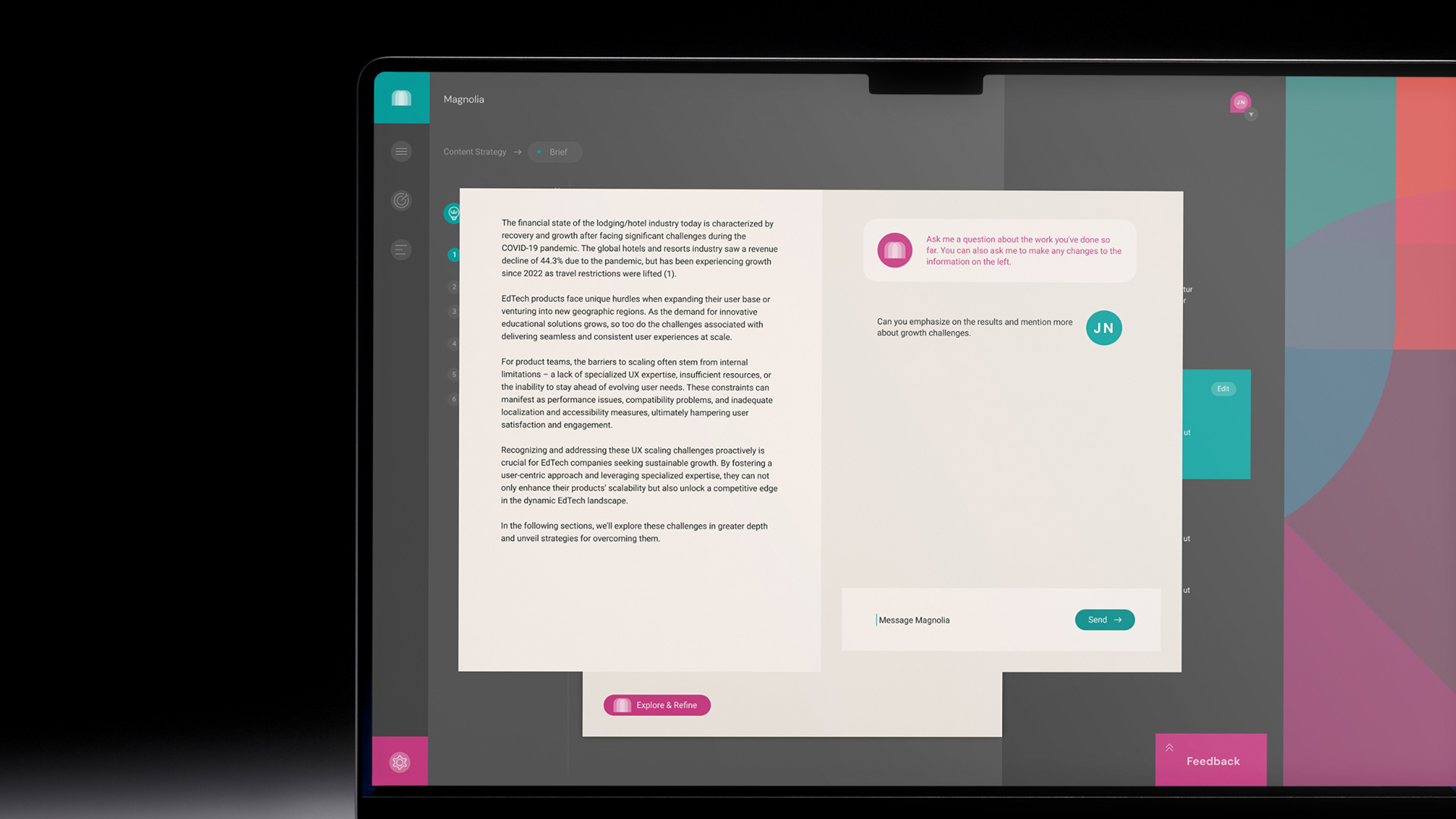The Magnolia Explore and Refine workspace on a laptop: the strategist's working document on the left, an AI conversation panel docked on the right