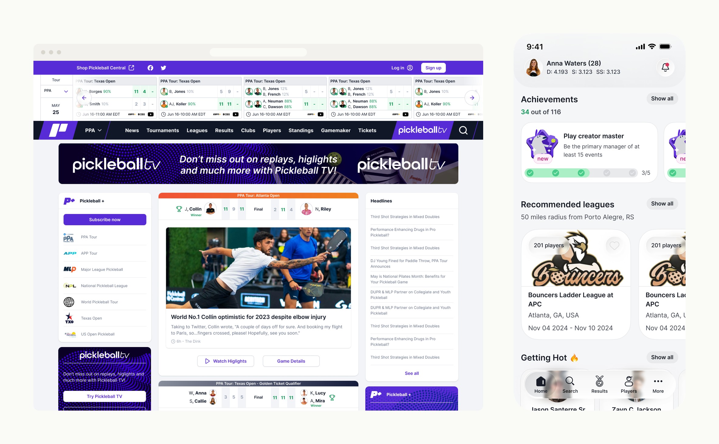 The Pickleball.com web product beside the iOS app, both composed from one shared design system