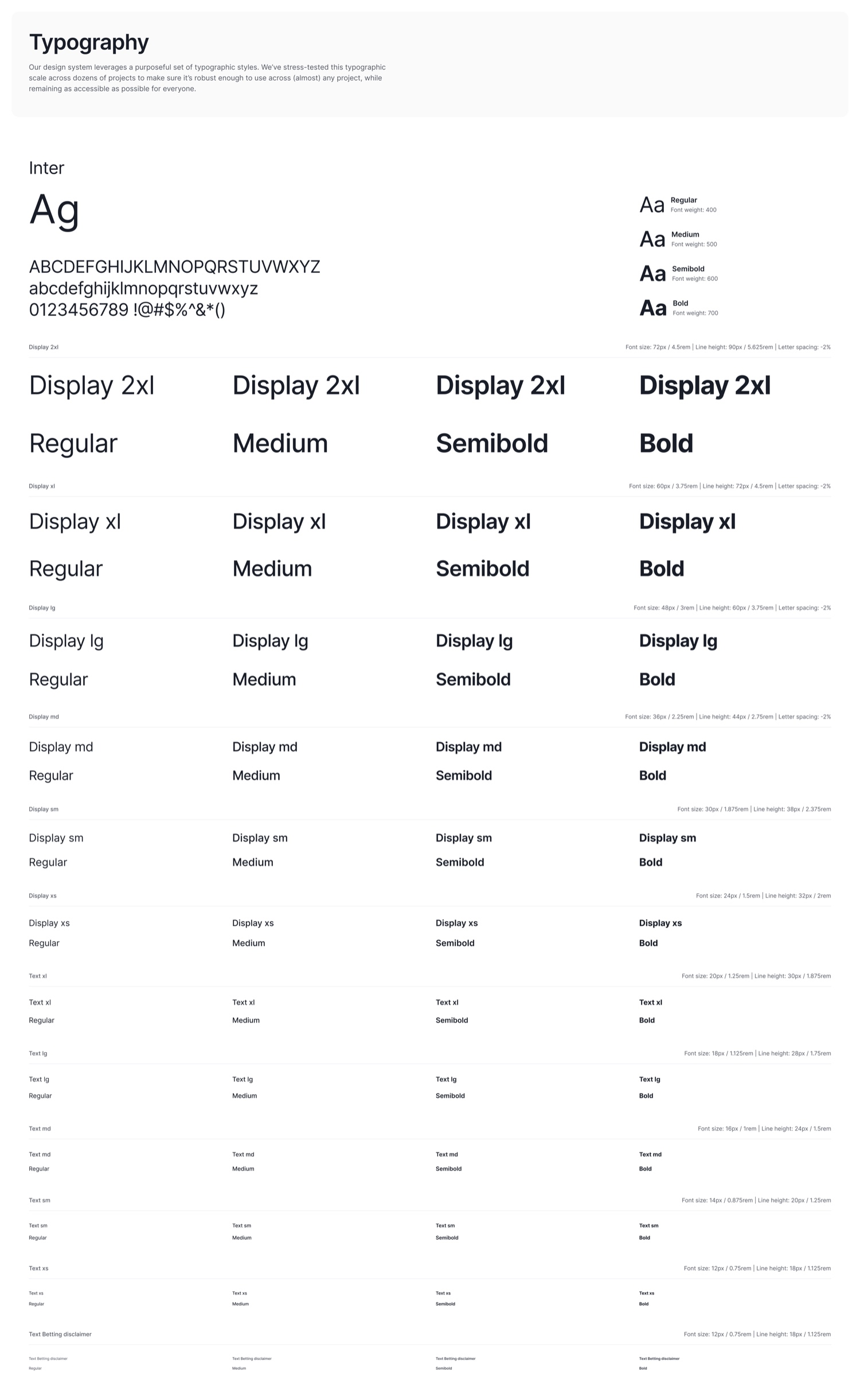 The Pickleball type system: a documented scale of display, heading, title, body, label, and caption styles with their sizes, weights, line heights, and usage notes