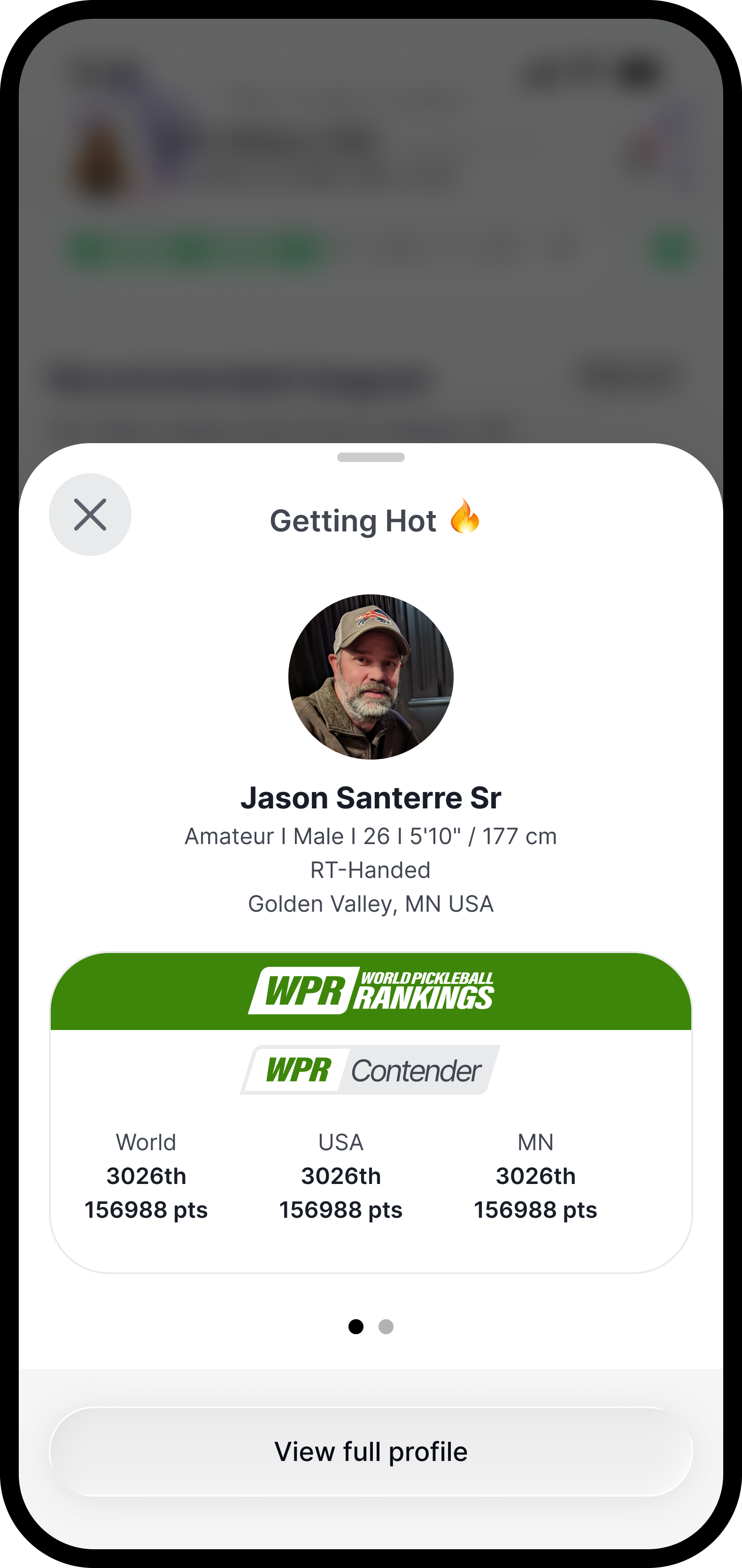Mobile screenshot of the Getting Hot bottom sheet open, showing Jason Santerre Sr's profile and his WPR ranking card