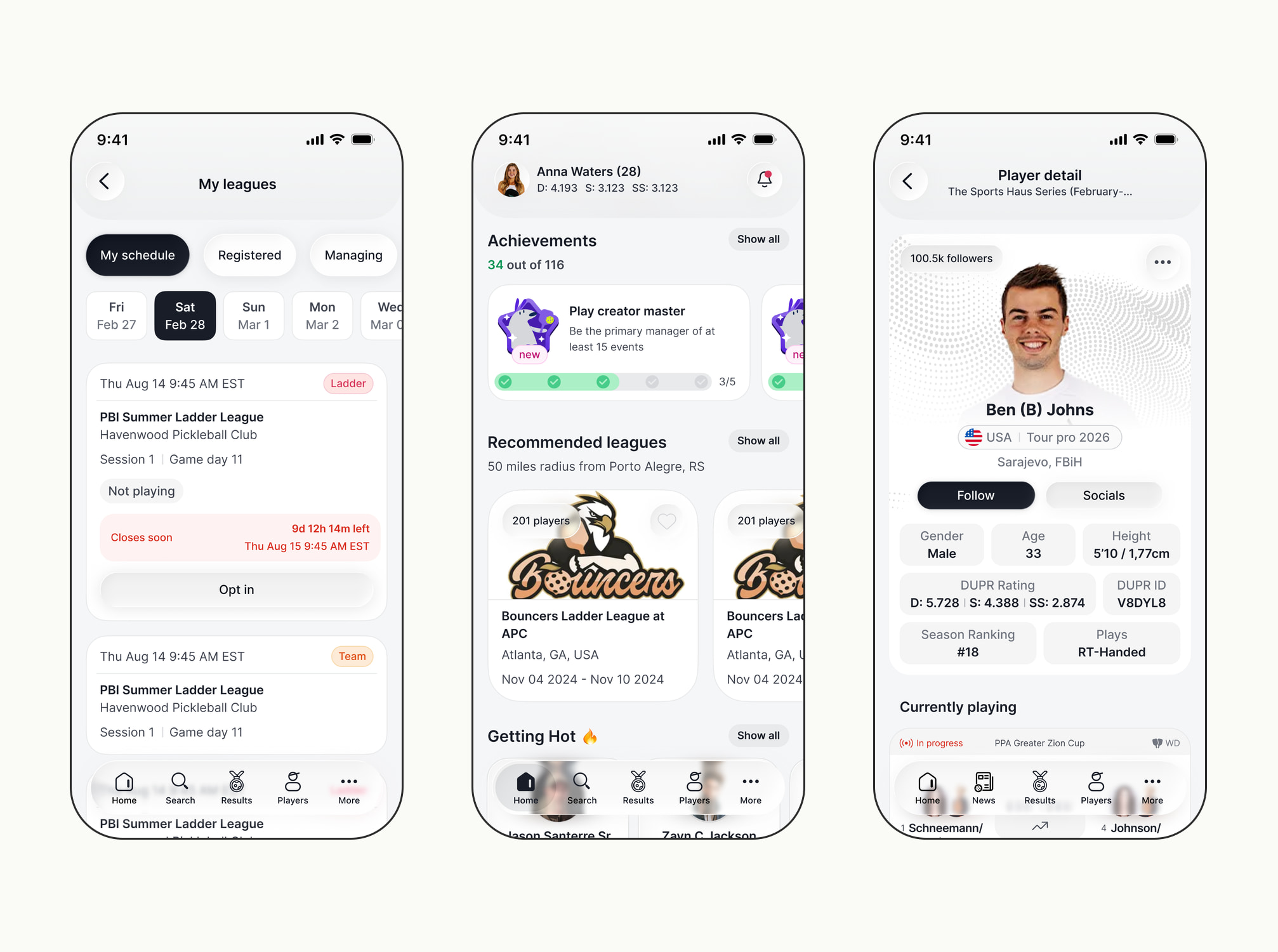 Three screens from the Ladder Leagues iOS app: the league schedule with a live entry countdown, the home with achievements and recommended leagues, and a player detail with ratings and stats