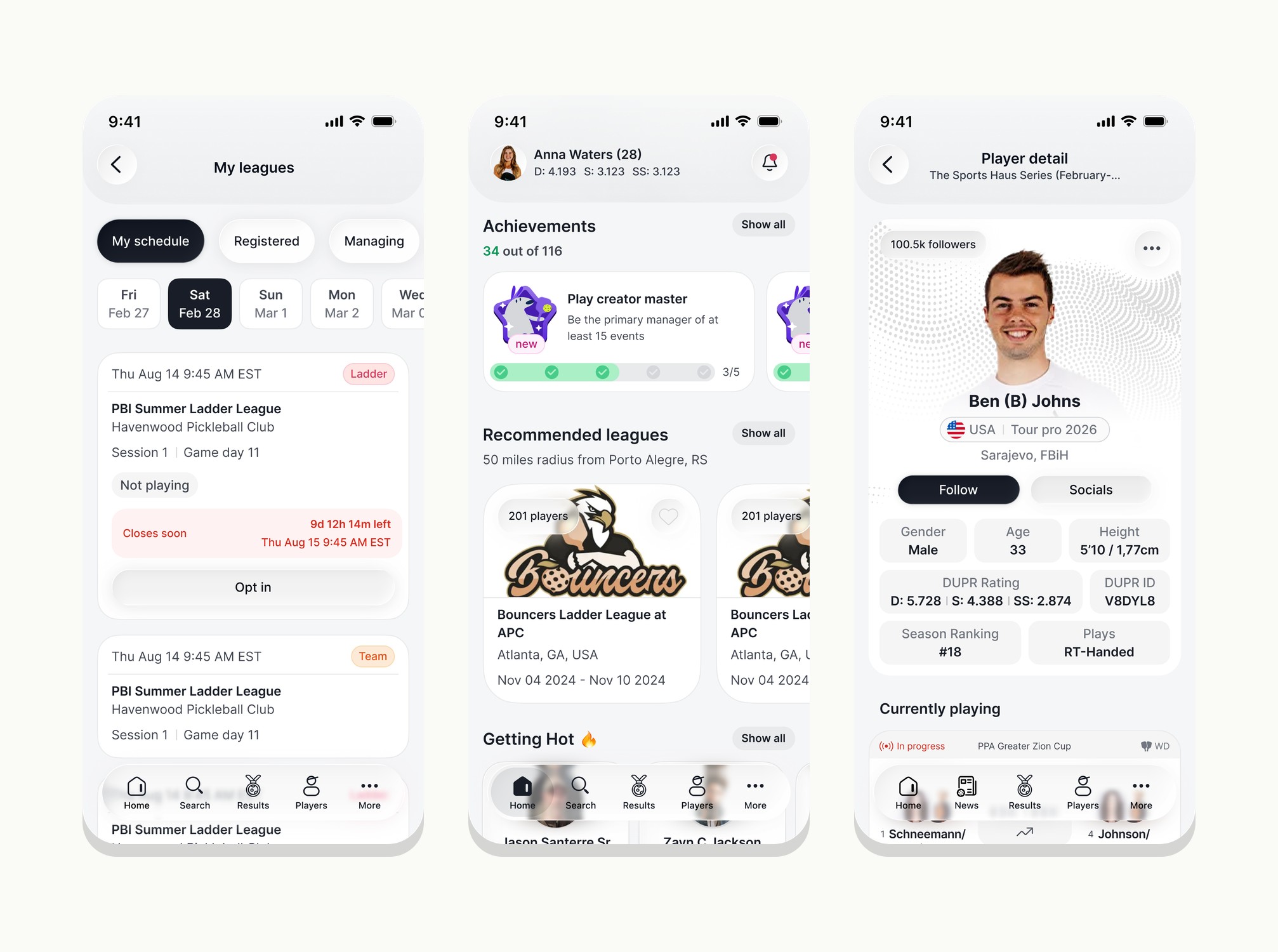 Three screens from the Ladder Leagues iOS app: the league schedule with a live entry countdown, the home with achievements and recommended leagues, and a player detail with ratings and stats