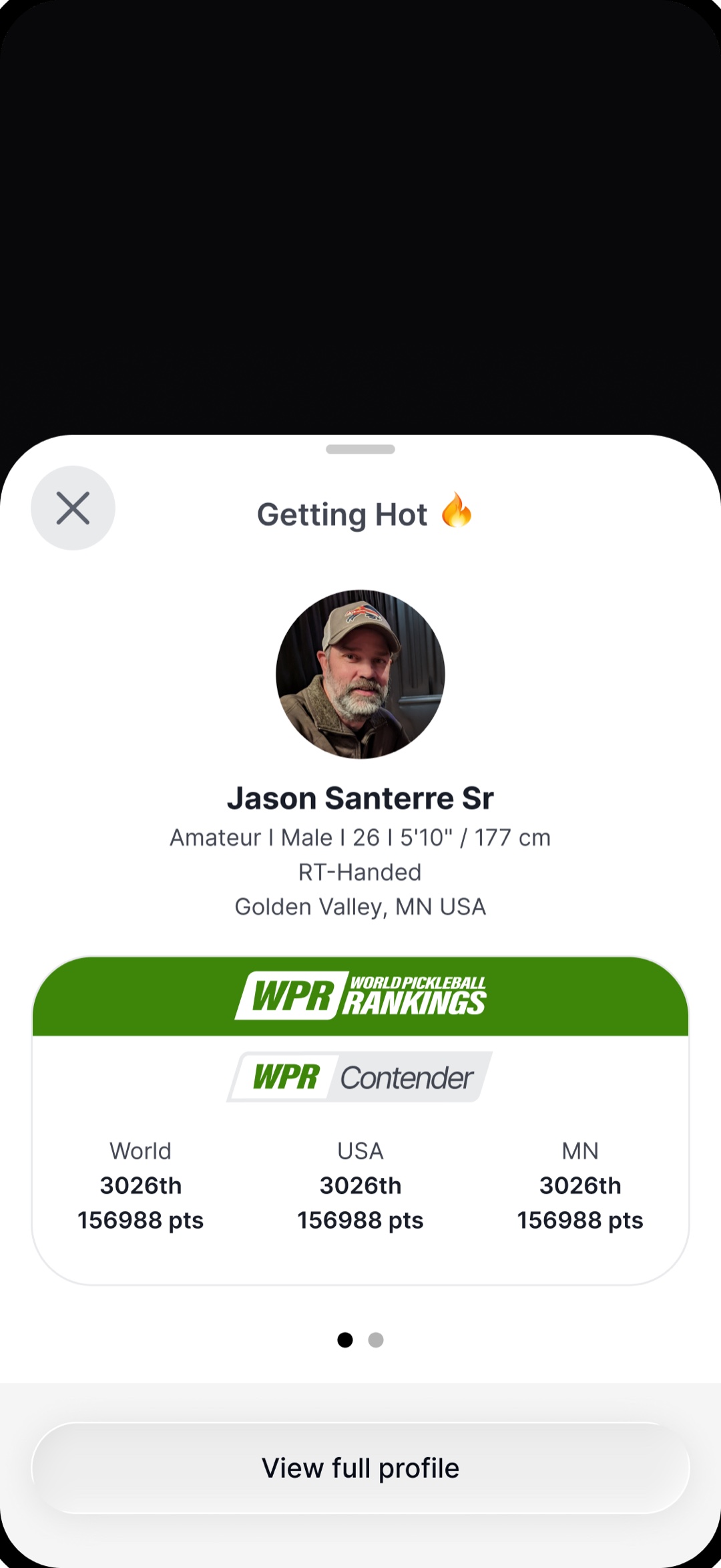 Getting Hot bottom sheet for an amateur player, over a dimmed home screen: photo, WPR ranking with World, USA, and state ranks, and a View full profile button
