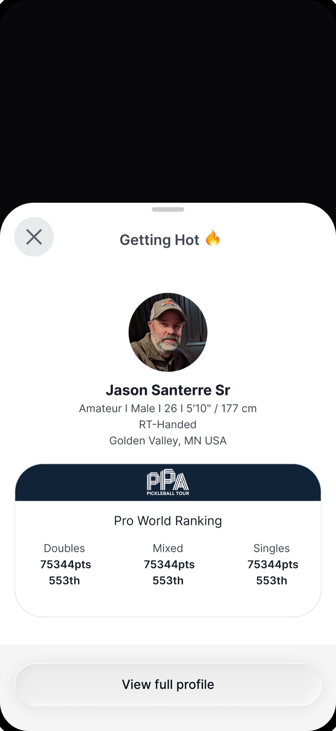 Getting Hot bottom sheet for a pro player: PPA Pro World Ranking with Doubles, Mixed, and Singles points and ranks, and a View full profile button