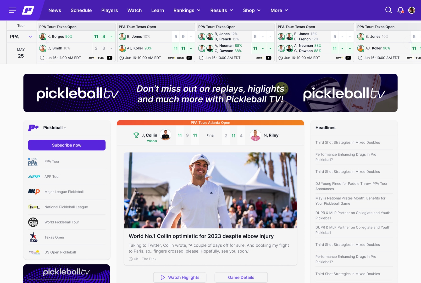The Pickleball.com public web home: one global navigation (News, Schedule, Players, Watch, Rankings, Results, Shop), a live PPA Tour scores ticker, featured coverage, and the sub-product rail, all composed from the shared system