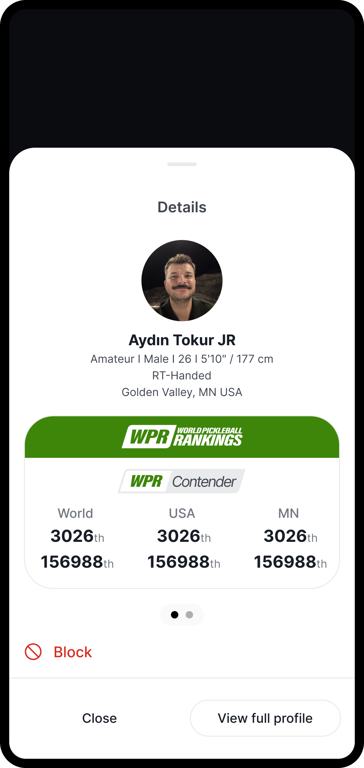 Material 3 detail sheet for an amateur player, Aydin Tokur JR, surfacing the WPR ranking card with World, USA, and MN ranks