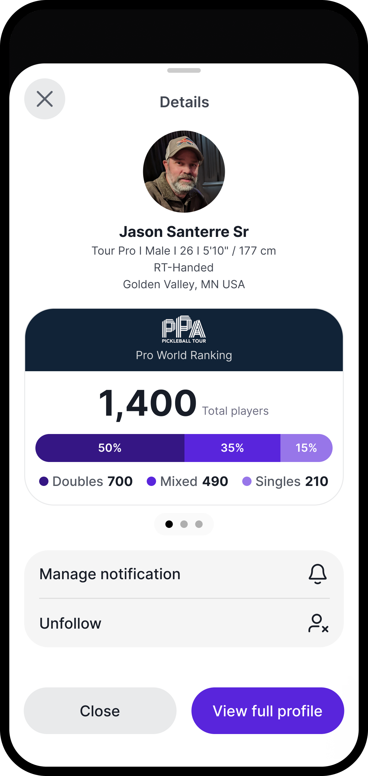 iOS detail sheet for a verified Pro player, Jason Santerre Sr, surfacing the PPA Pro World Ranking card with a player-distribution bar across doubles, mixed, and singles