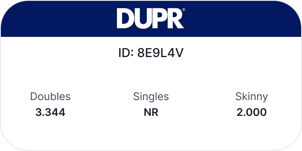 DUPR ranking card, navy branded header, ID and Doubles, Singles, Skinny ratings